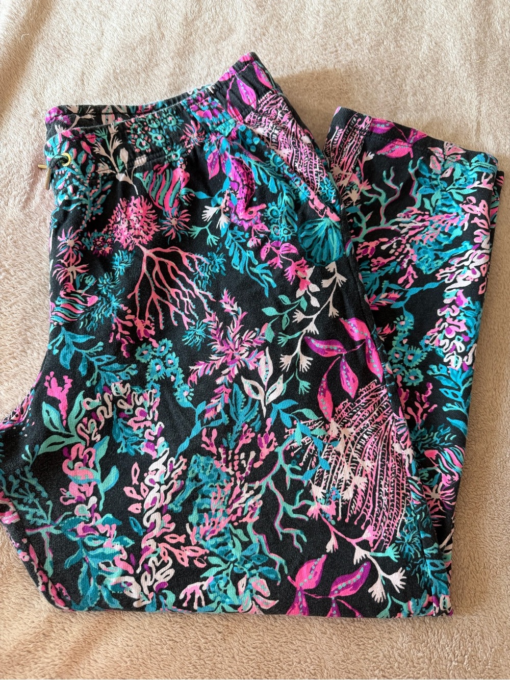 Lilly Pulitzer Black Pants with Pink & Teal Coral Print